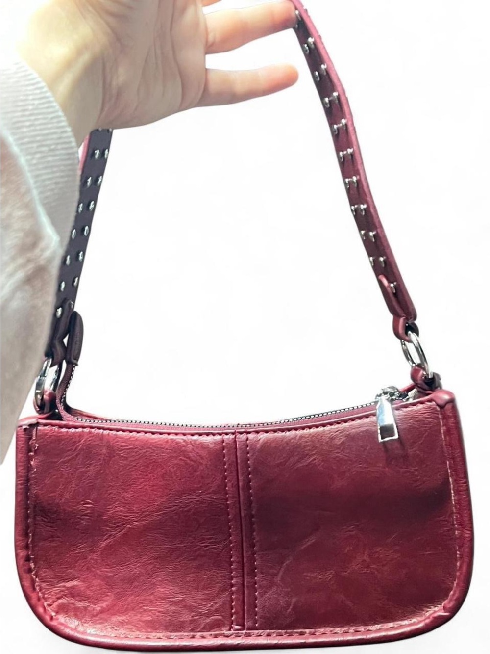 Y2K Burgundy Studded Shoulder Bag Baguette Purse Grunge Coquette